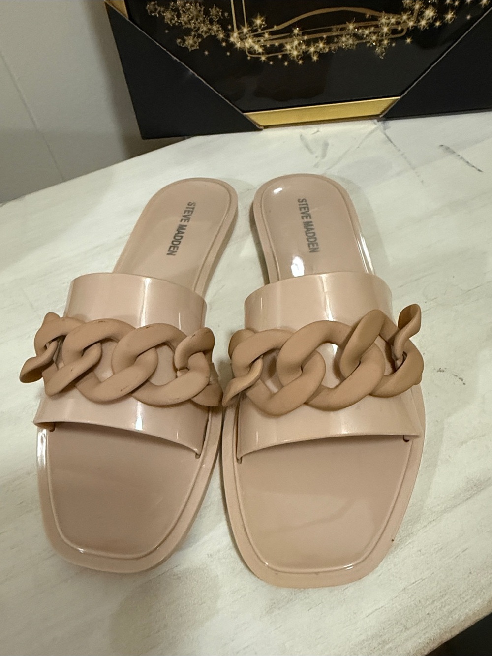 Steve Madden Beige/Nude Chain-Trim Slide Mules